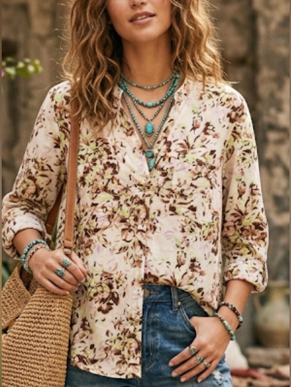 Collectibles Woman Floral Print Button-Up Blouse Sz 1X Cotton 3/4 Sleeve Top